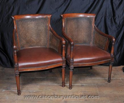 Pair French Bergere Arm Chairs Fauteils Mahogany Rattan Chair